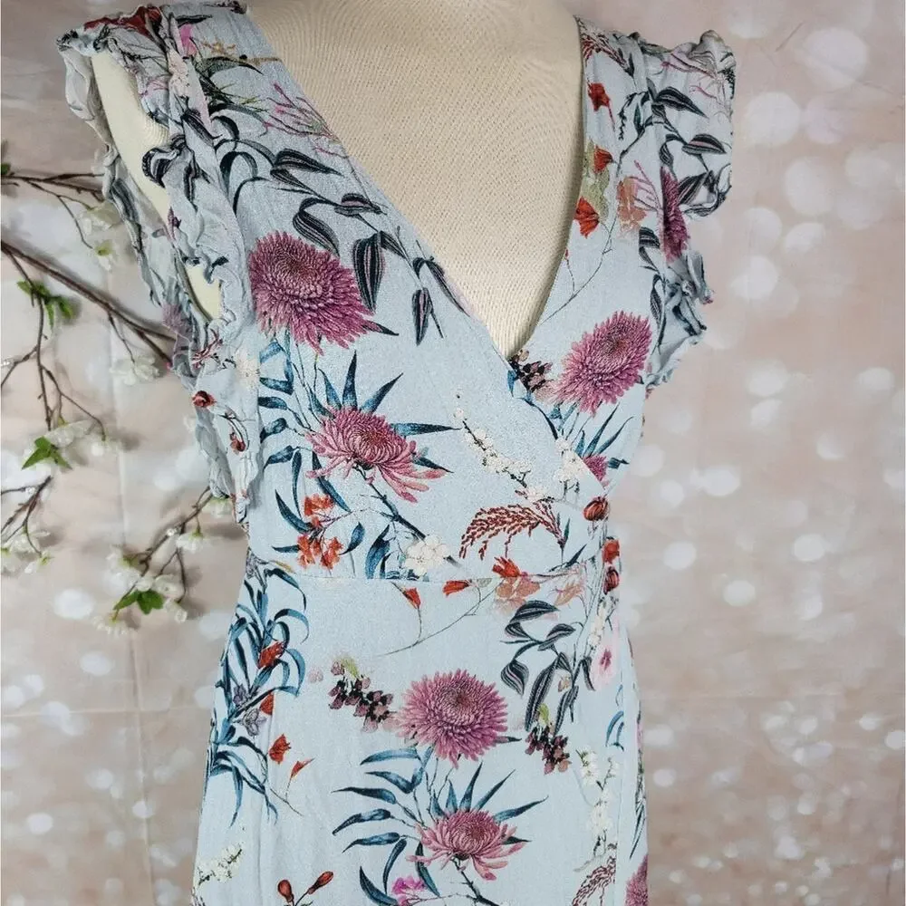 WILLOW & CLAY Blue Granny Floral Print Wrap Midi Dress Ruffle Sleeve Boho Chic